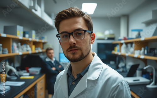 Male doctor laboratory assistant in a white coat in a chemical laboratory against the background of shelves with chemical reagents.