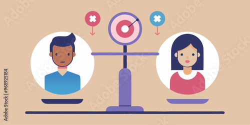 Gender imbalance concept with balance scale and diverse characters highlighting equality issues in society