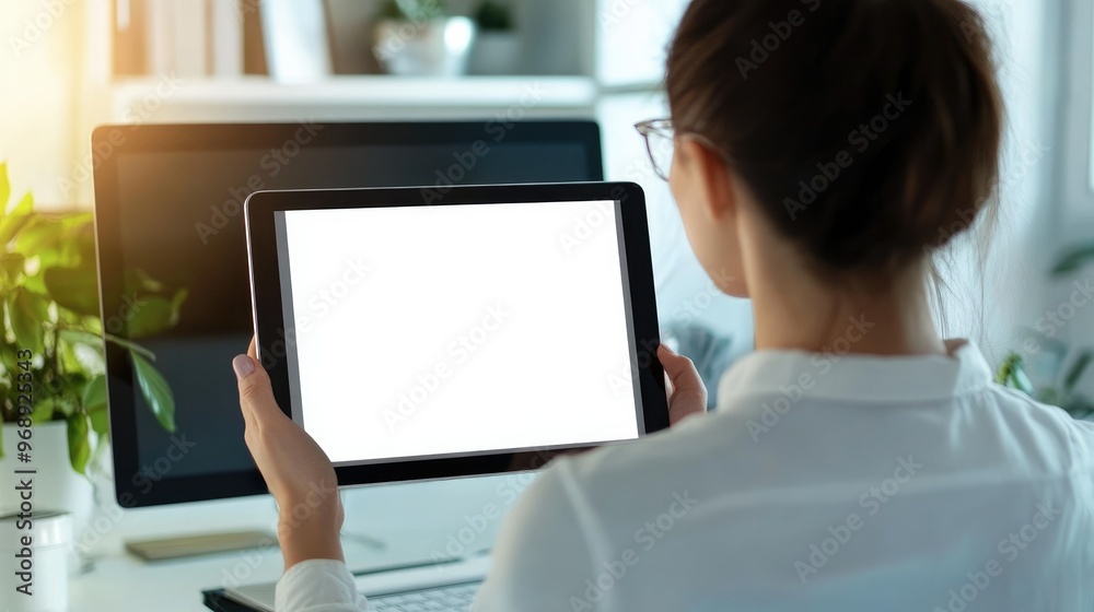 A woman working in front of a desktop computer, holding a tablet with a blank screen, ideal for customizable mockups A woman working in front of a desktop computer, holding a tablet with a blank screen, ideal for customizable mockups