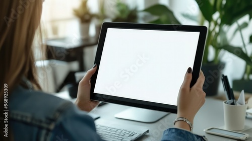 A woman working in front of a desktop computer, holding a tablet with a blank screen, ideal for customizable mockups