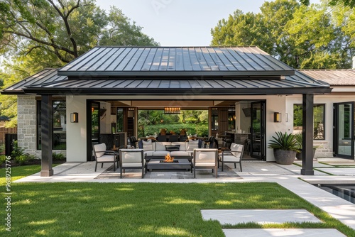 Modern open-air patio with black metal roof, white concrete floor, outdoor seating, fire pit, and lush backyard in Texas style home.