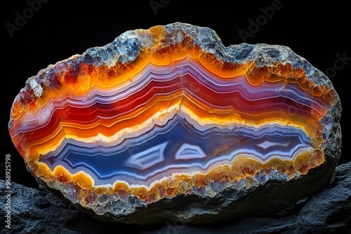 A smooth polished agate slab with colorful bands and a glossy finish photo