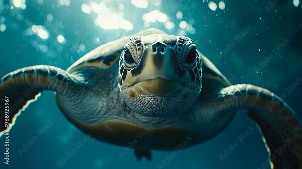 Obraz premium A sea turtle swims through clear blue water, looking directly at the camera.