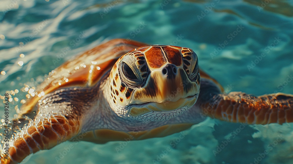 Obraz premium A close-up of a sea turtle swimming in crystal clear turquoise water.