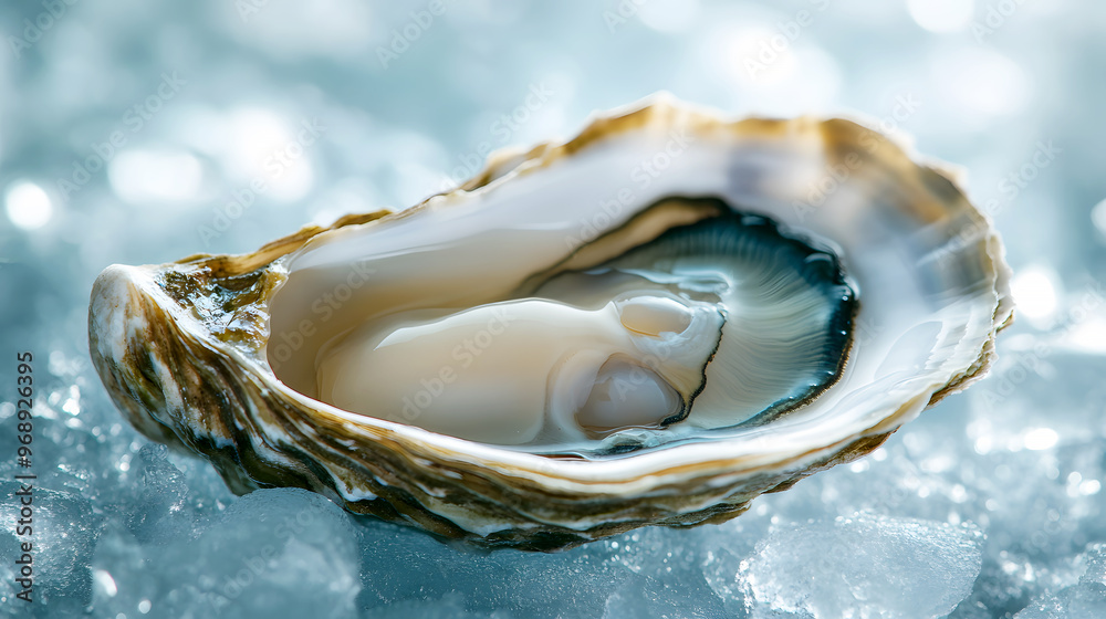 close-up of a plump, freshly opened oyster with seawater droplets glistening on its shell as ice melts in the background close-up of a plump, freshly opened oyster with seawater droplets glistening on its shell as ice melts in the background