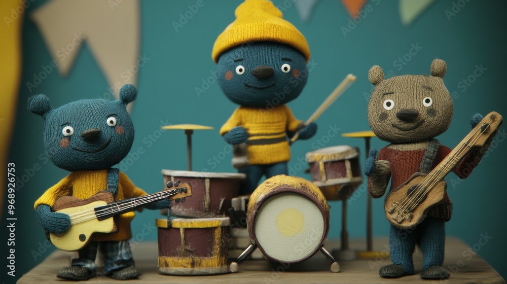 A group of toy bears playing musical instruments A group of toy bears playing musical instruments