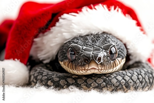 Cute Black Snake Wearing a Santa Claus Hat for Christmas Celebration, Isolated on White Background photo