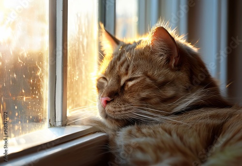 window warmth a cat curled up by the window the suns rays warmin photo