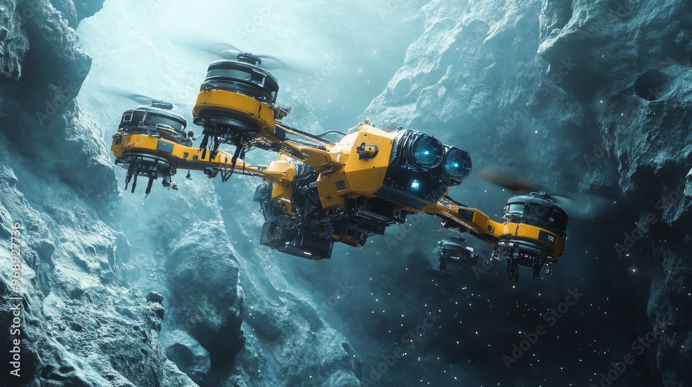 Autonomous AI-controlled space mining drones collecting resources from asteroids Autonomous AI-controlled space mining drones collecting resources from asteroids