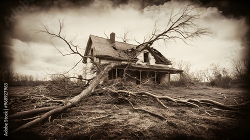 A broken home, trees leaning on the roof, debris strewn across the yard, captured in a steampunk style, sepia tones, intricate details highlighting the damage photo