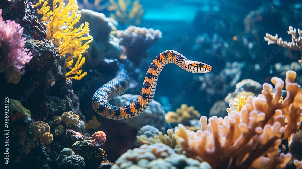A yellow and black banded snake swims through an aquarium tank with coral reefs. A yellow and black banded snake swims through an aquarium tank with coral reefs.