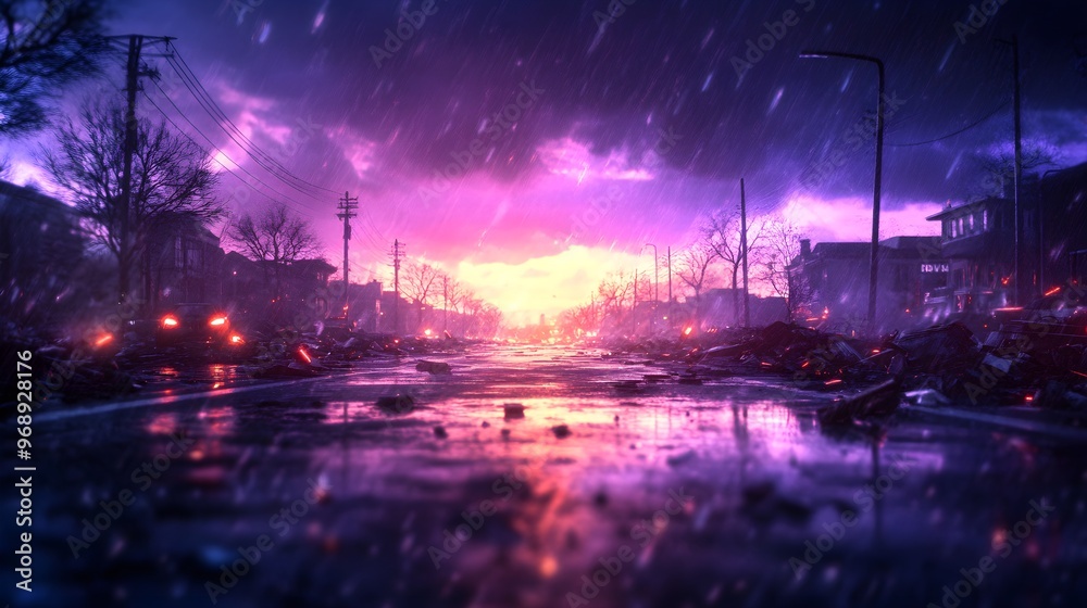 A city street filled with debris, fallen trees, and destroyed homes, captured in a post-apocalyptic cyberpunk style, dark neon hues with holographic elements, wide shot, high contrast A city street filled with debris, fallen trees, and destroyed homes, captured in a post-apocalyptic cyberpunk style, dark neon hues with holographic elements, wide shot, high contrast