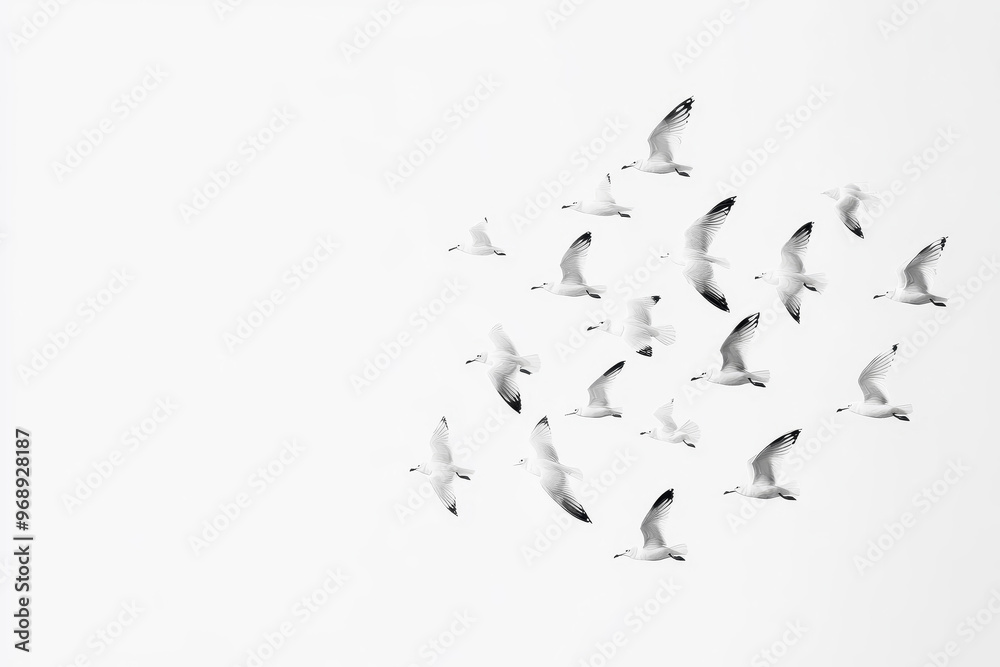 Minimalist depiction of seagulls flying against a white sky background Minimalist depiction of seagulls flying against a white sky background