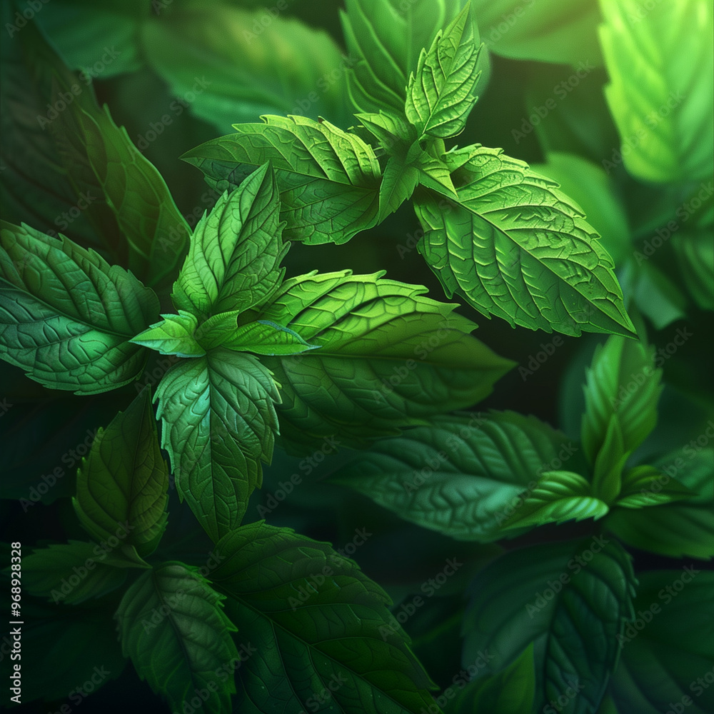 Close-up of vibrant green mint leaves under natural light Close-up of vibrant green mint leaves under natural light