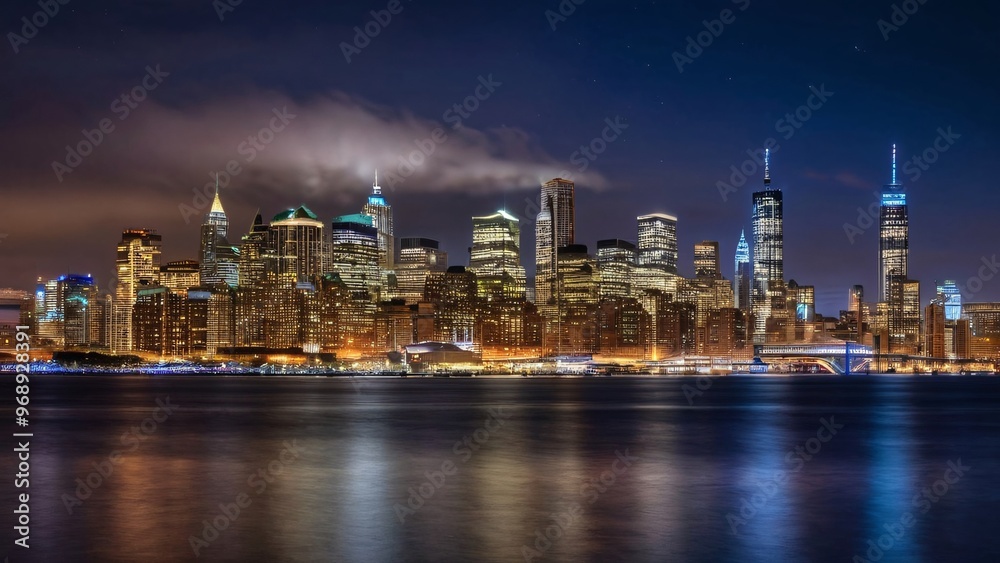 Glowing City Skyline Reflecting on Water at Night Glowing City Skyline Reflecting on Water at Night