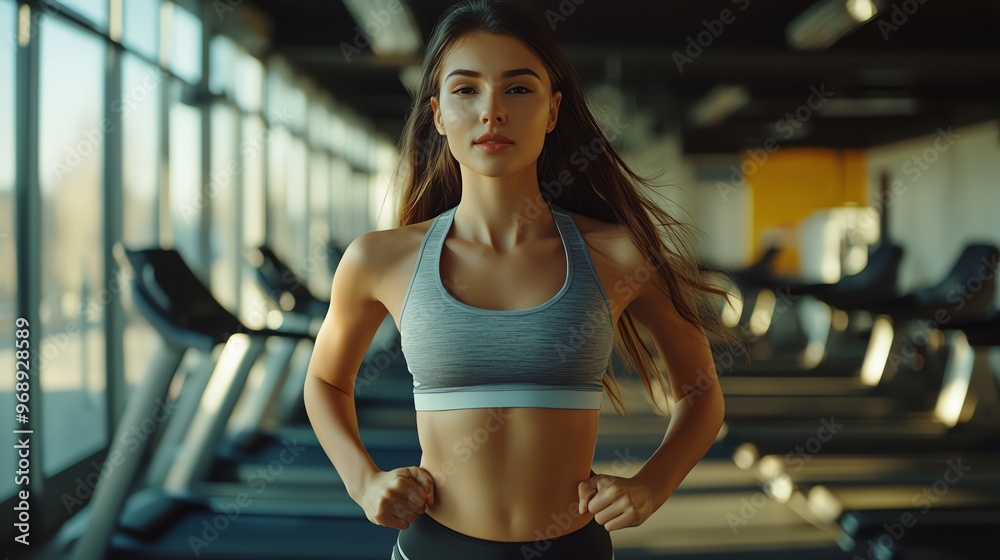 Fototapeta premium A woman in a sports bra and leggings stands in a gym, looking determined.