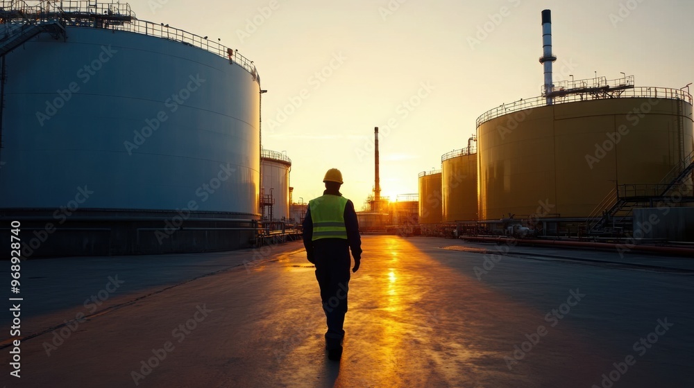 Oil storage tanks in an industrial complex with workers performing routine inspections Oil storage tanks in an industrial complex with workers performing routine inspections