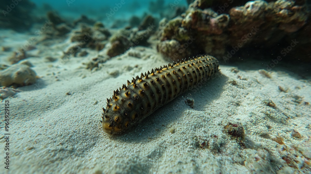 A yellow and black sea cucumber crawls along the sandy bottom of a shallow reef. A yellow and black sea cucumber crawls along the sandy bottom of a shallow reef.