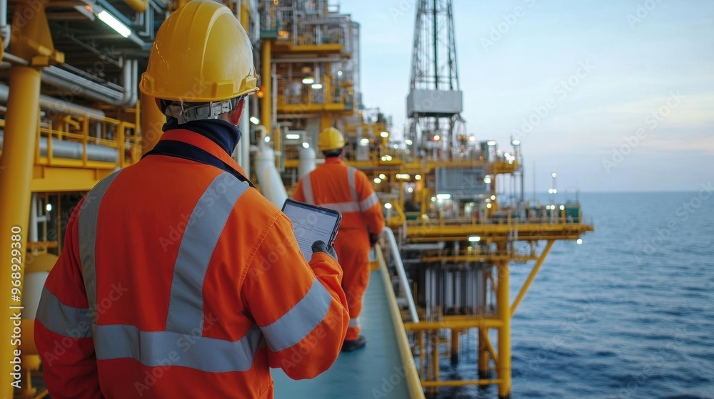 Offshore platform workers wearing protective gear inspecting oil pumps Offshore platform workers wearing protective gear inspecting oil pumps