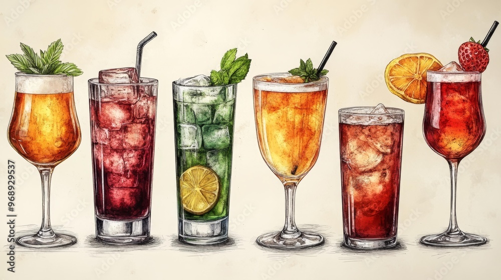 Hand-Drawn Illustration of Six Colorful Drinks Generative AI Hand-Drawn Illustration of Six Colorful Drinks Generative AI