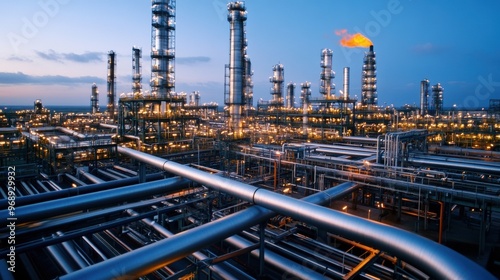 Engineers performing safety checks on oil pipelines at a large refinery complex