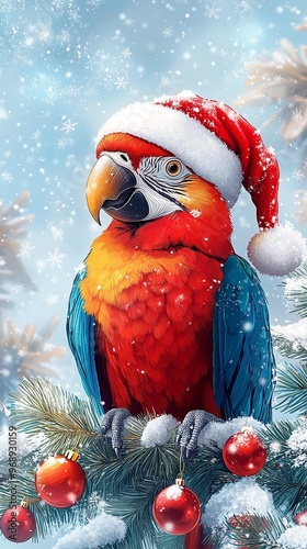 A vibrant parrot wearing a festive Santa hat, perched among winter decorations, bringing holiday cheer and color to the season. photo