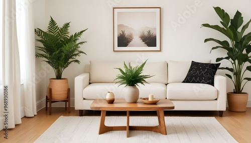 Photo modern style interior room 3d illustration Interior frame living room with colorful white sofa