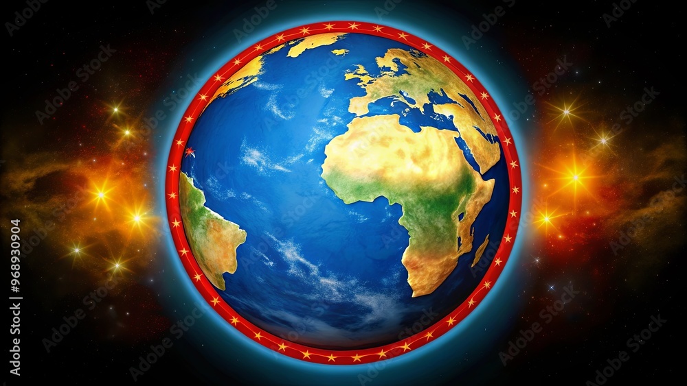 A vibrant blue and yellow earth with stars and a red border on a black background A vibrant blue and yellow earth with stars and a red border on a black background