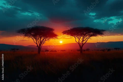 A vibrant sunset over the Serengeti with silhouettes of acacia trees and a dramatic sky