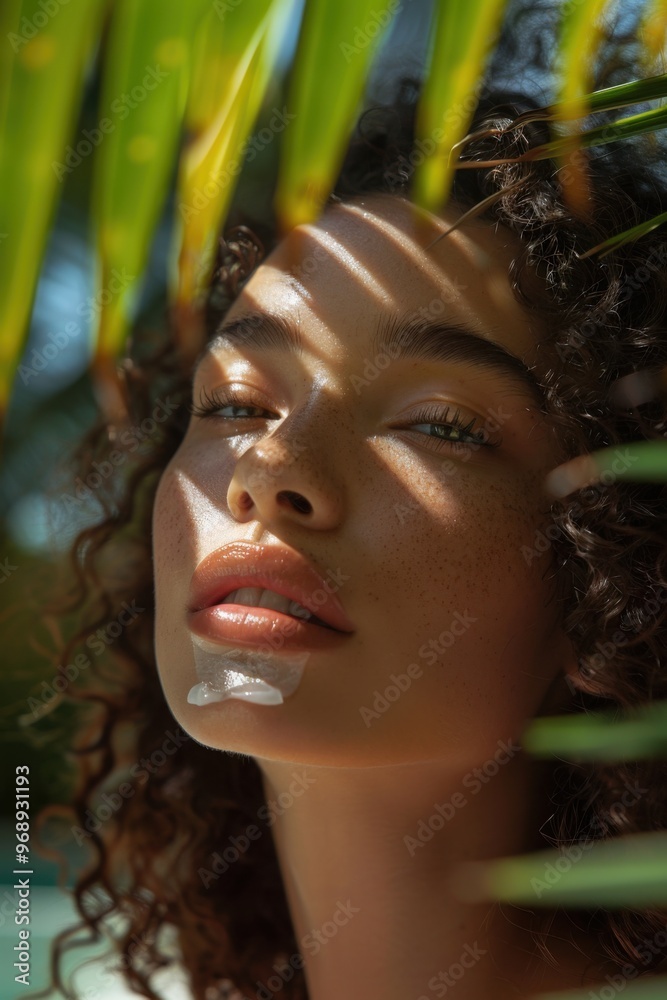 Woman massaging cream, pool deck, tropical plants around, promoting youthful skin, refreshing environment. Woman massaging cream, pool deck, tropical plants around, promoting youthful skin, refreshing environment.