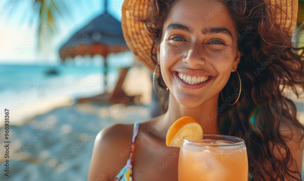 A smiling young woman wearing beachwear with a cocktail in her hands A smiling young woman wearing beachwear with a cocktail in her hands