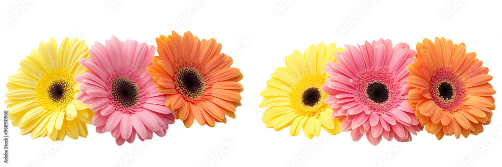 set of a Three gerbera daisies isolated in pink, yellow, and orange colors on a transparent background set of a Three gerbera daisies isolated in pink, yellow, and orange colors on a transparent background