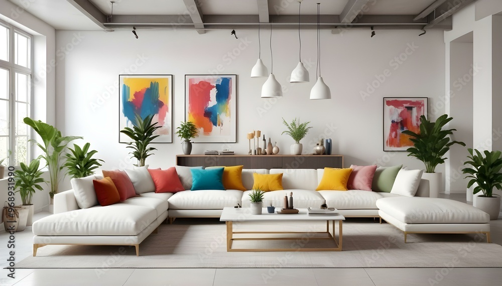 Photo modern style interior room 3d illustration Interior frame living room with colorful white sofa Photo modern style interior room 3d illustration Interior frame living room with colorful white sofa