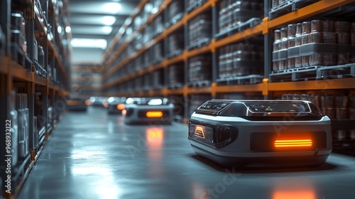 Autonomous AI-controlled warehouse robots managing inventory in real-time: Robots scanning and organizing products in warehouses, ensuring optimal inventory levels.