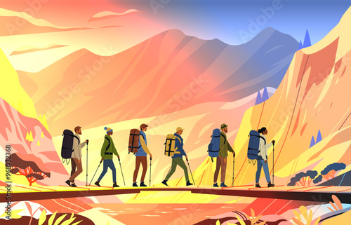 Hikers with backpacks walking on a bridge in colorful mountainous landscape outdoor adventure travel concept