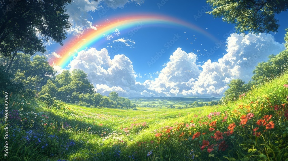 Beautiful Meadow with Rainbow and Flowers Generative AI Beautiful Meadow with Rainbow and Flowers Generative AI