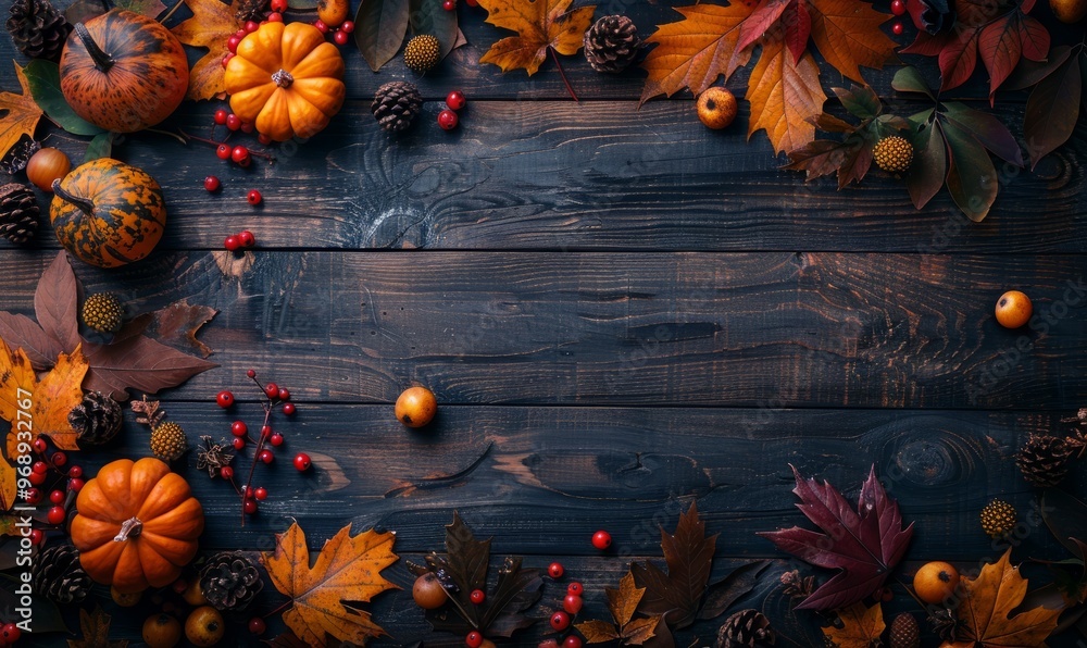 © Olha - Seasonal Background, with Autumn Leaves, Pumpkins and Berries on a Dark wood Tabletop. Thanksgiving Concept with copy space