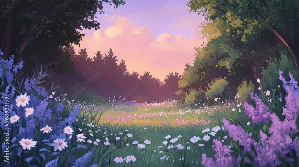 Obraz premium Cartoon fantasy depiction of peaceful nature at twilight, with a blooming meadow bathed in fairytale colors and soft, magical light.