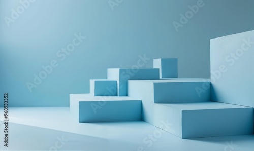 solid geometric elements on the solid background, minimalist, use of common materials, light blue