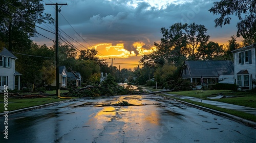 Suburban street post-storm, broken power poles leaning, large trees toppled onto houses, stormy clouds lingering in the sky, creating a dramatic scene photo