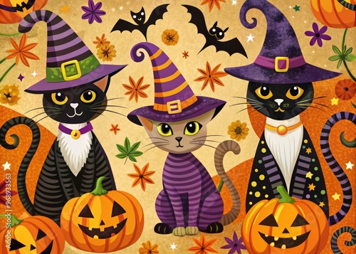 Whimsical Halloween cat illustrations featuring witches' hats, bats, and jack-o-lanterns, with bold lines, textured patterns, and playful color schemes.