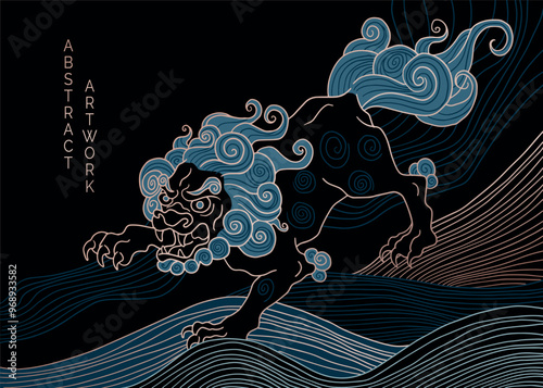 japanese lion mythology Komainu, black and gold illustration