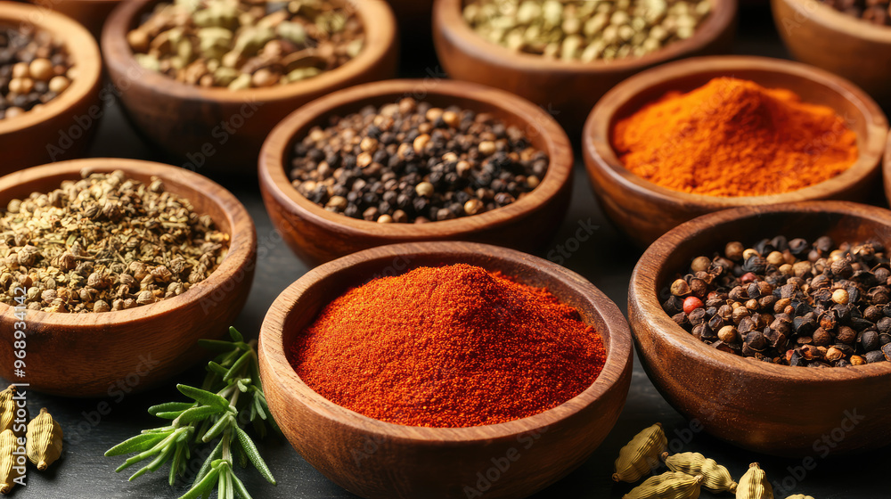many different spices in wooden bowls close up many different spices in wooden bowls close up