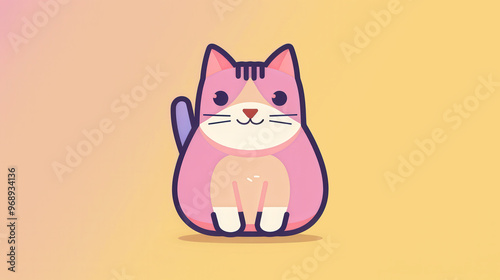 Playful Cat Logo, a whimsical cat design in vibrant pink and purple, set against a soft pastel yellow background, perfect for pet-related branding or children's products.