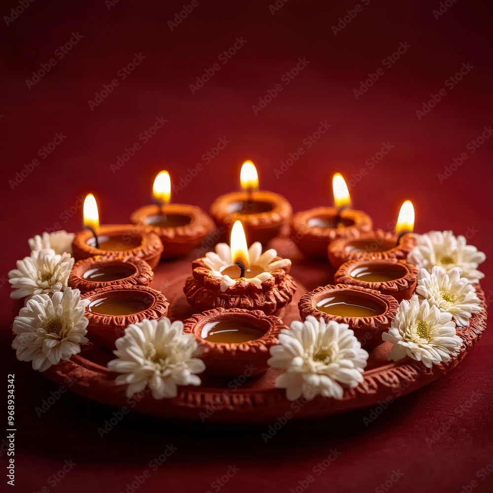 Diwali Diya Lamps with Flowers on Red Background Diwali Diya Lamps with Flowers on Red Background