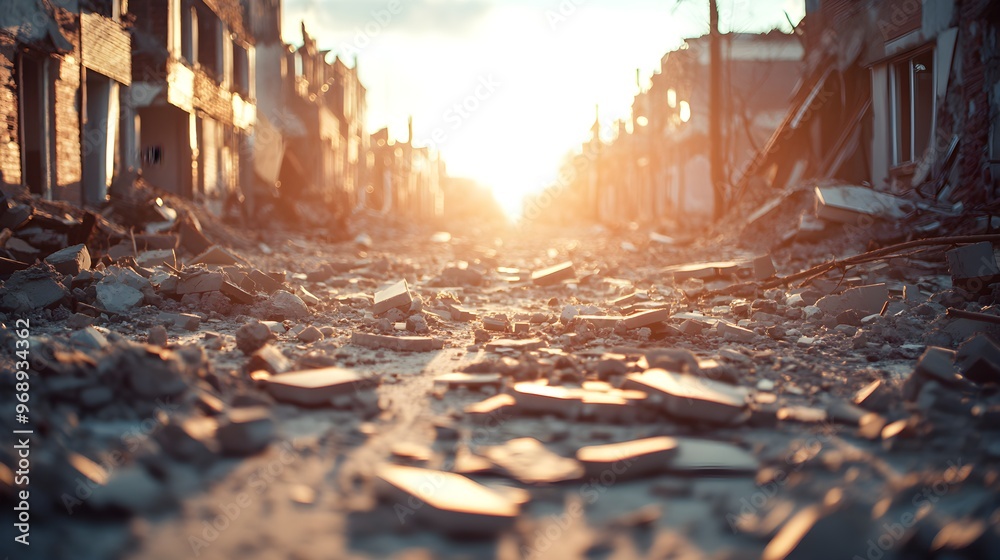 Obraz premium Urban destruction aftermath, a city street buried in rubble, fallen trees, and collapsed houses, creating an eerie sense of abandonment and desolation