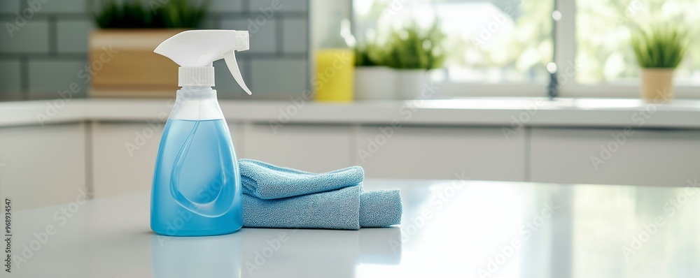 Crisp Image of Cleaning Essentials on a Modern Kitchen Counter