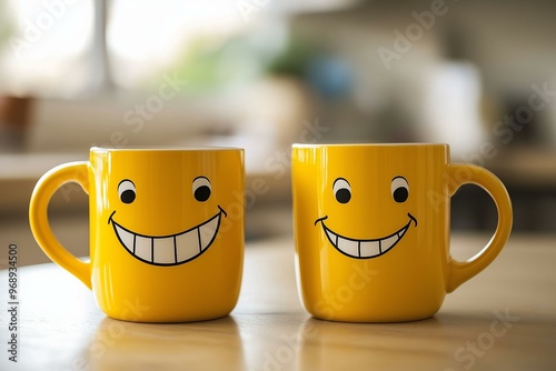 Cheerful Yellow Smile Mugs on a Wooden Table