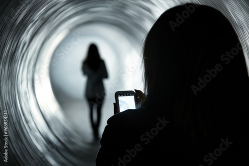 Obraz na płótnie Silhouetted Figures in a Tunnel with Dynamic Swirl Patterns w salonie