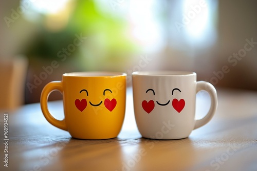 Charming Pair of Smiling Coffee Mugs with Heart Eyes
